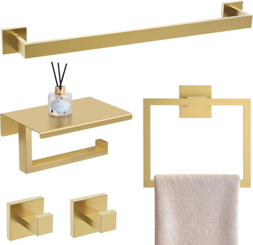 Brushed Gold Bathroom Hardware Accessorie Set 23.6 Inch Towel Bar Set 5-Pieces Towel Rack&Holder Set ,Upgraded Toilet