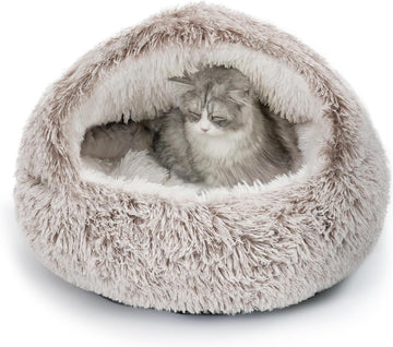 Plush Hooded Cat Bed, Calming Nest, Self-Warming Cave, Cozy Pod for Indoor Cats or Small Dogs