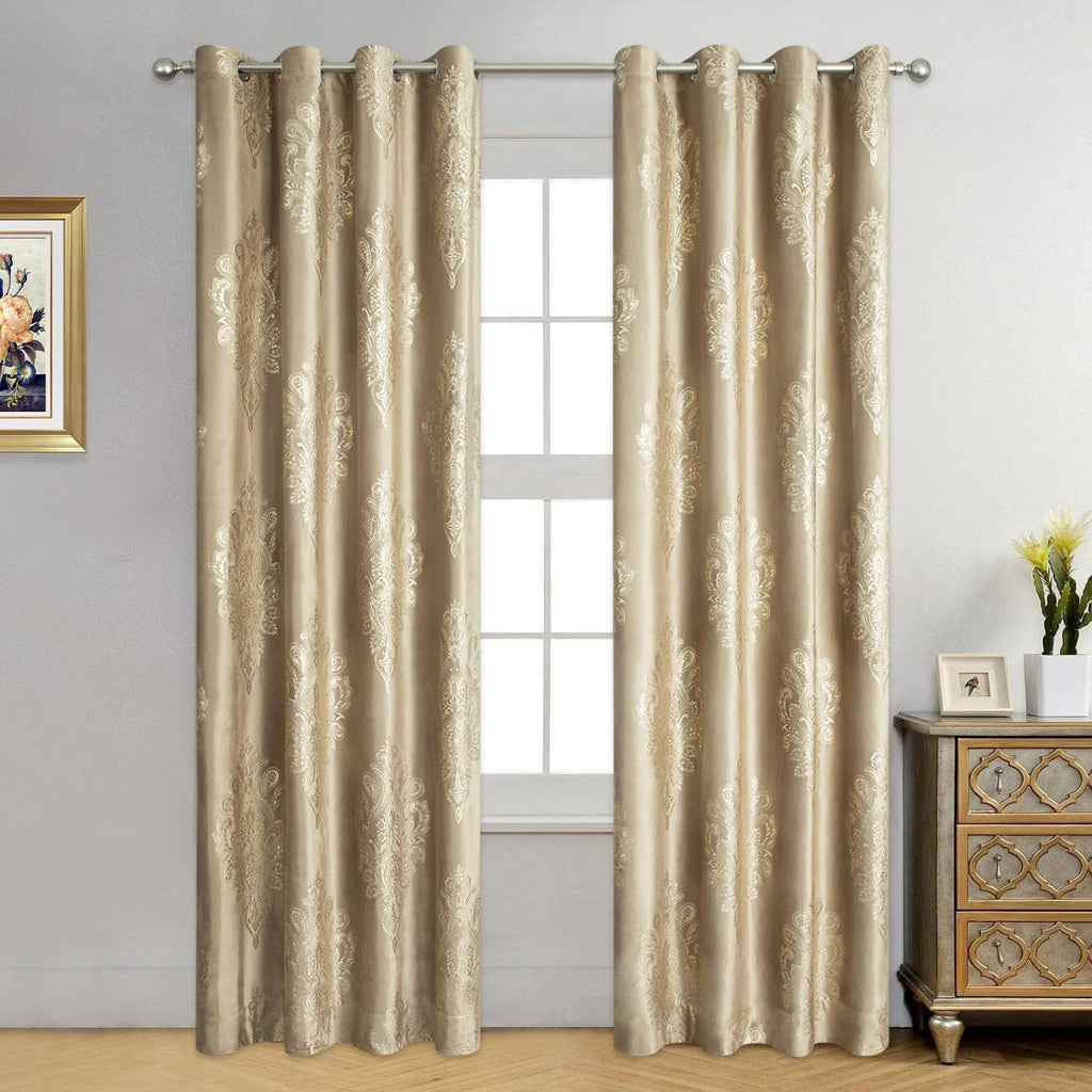 Vintage Floral Print Velvet Curtains, 52 x 96, 2 Panels, Brown