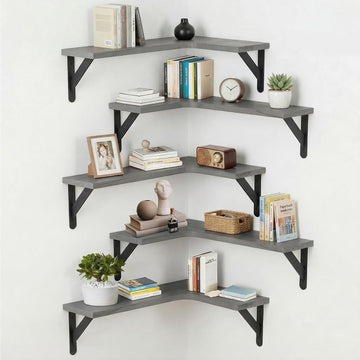 Corner Floating Shelves Set of 5, Rustic Wood Shelves, Grey | Wall Mounted Floating Shelf Decor, Storage Corner Shelf