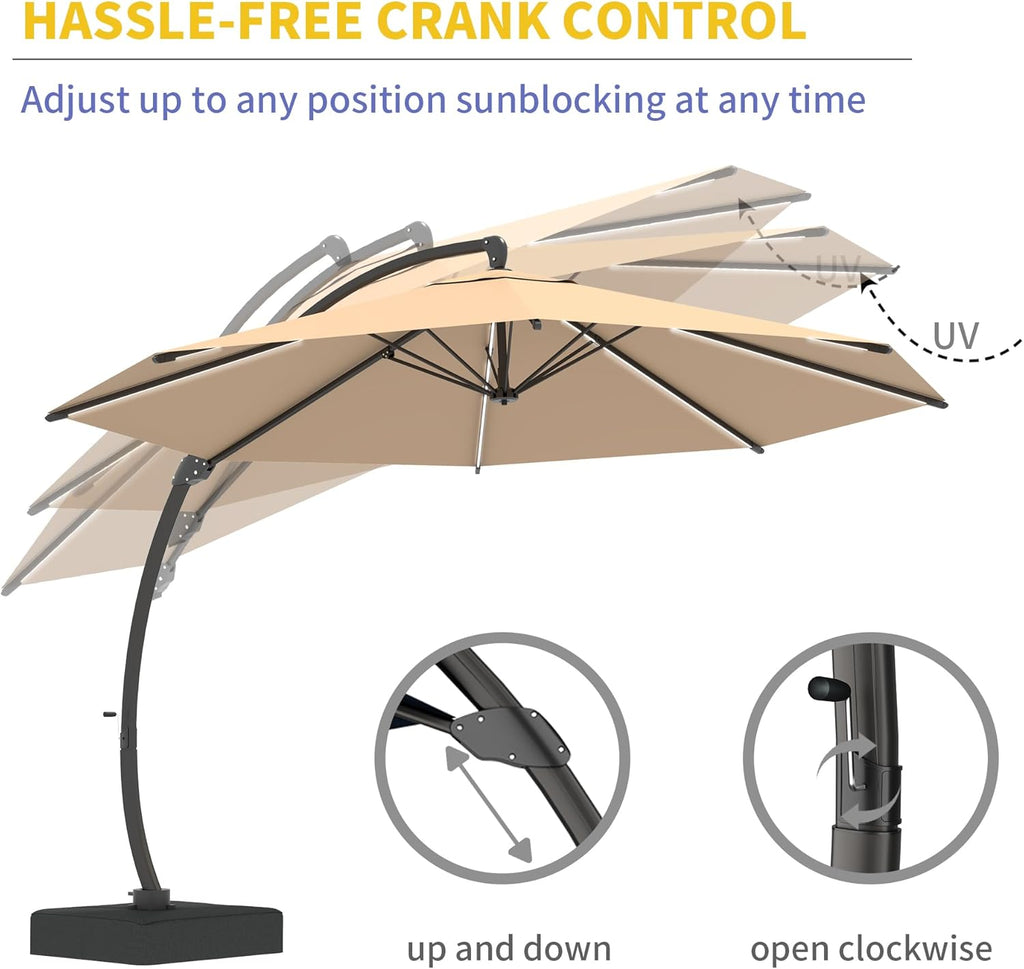 11ft Offset Cantilever Patio Umbrella with Solar Lights, Large Round Outdoor Umbrella with Base Included