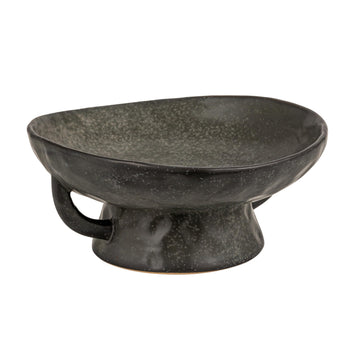 Co-Op Stoneware Footed Pedestal Bowl with Handles, Reactive Glaze, Black