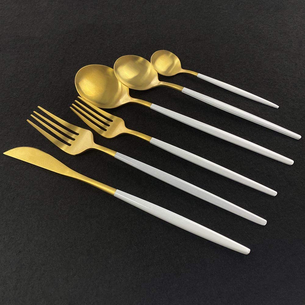 White Handle Gold Spoon Flatware, Matte Silverware Sets, 36-pieces Elegant Cute 18/10 Stainless Steel Silverware Set