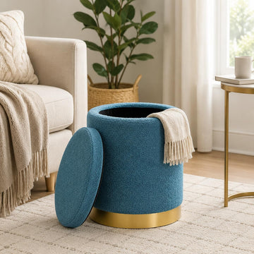 Boucle Round Storage Ottoman with Removable Lid, Small Upholstered Foot Rest Stool with Gold Plating Base, Living