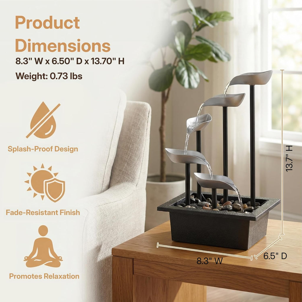 Tabletop Water Fountain, Modern Indoor Waterfall Feature with LED Light, Soothing Zen Desktop Fountain Bedroom