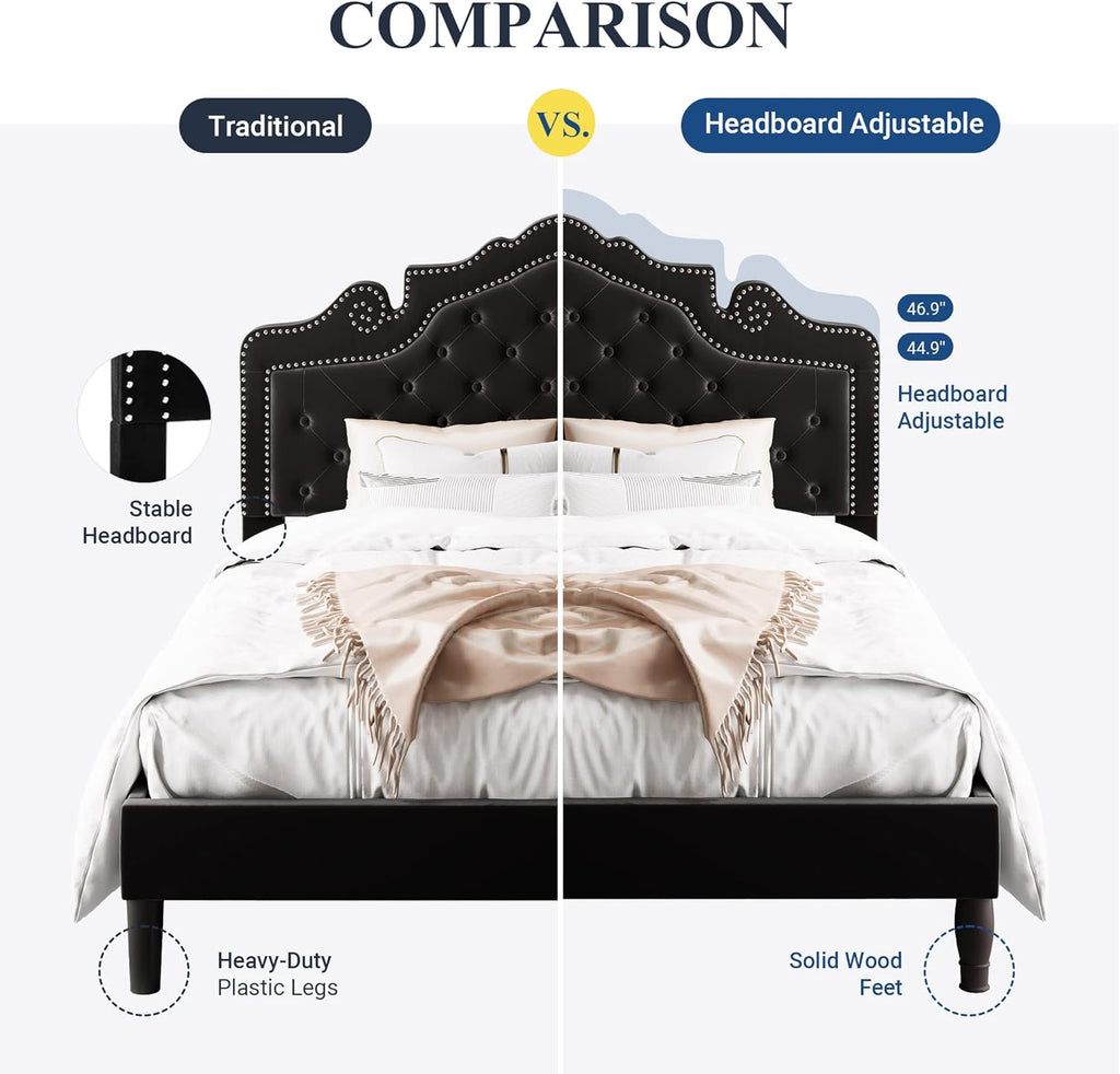 Full Bed Frame with Adjustable Velvet Tiara Headboard, Upholstered Diamond Button Tufted Platform Bed