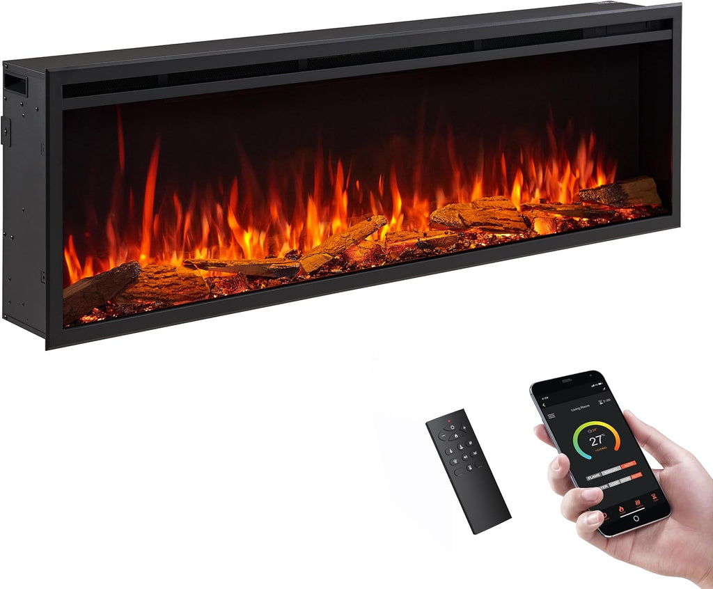 60" W Smart Wall Mount & in Wall Recessed Electric Fireplace Insert, Heater 750W/1500W
