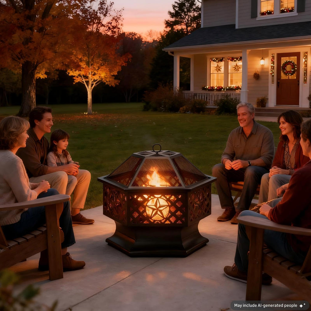 28 Inch Hexagonal Fire Pit with Spark Screen&Fire Poker Black