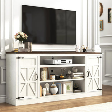 75" Farmhouse TV Stand with Power Outlets for 85 Inch TVs, 33" Tall Entertainment Center with Storage Cabinets