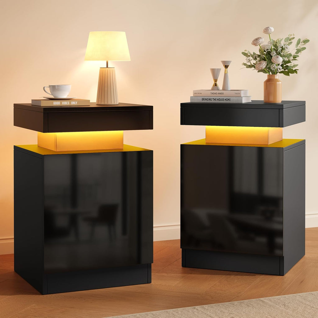 Nightstands Set 2, 15 Inches LED Night Stand Set of 2, Modern Bedside Table with LED Lights, High Gloss Surface, End