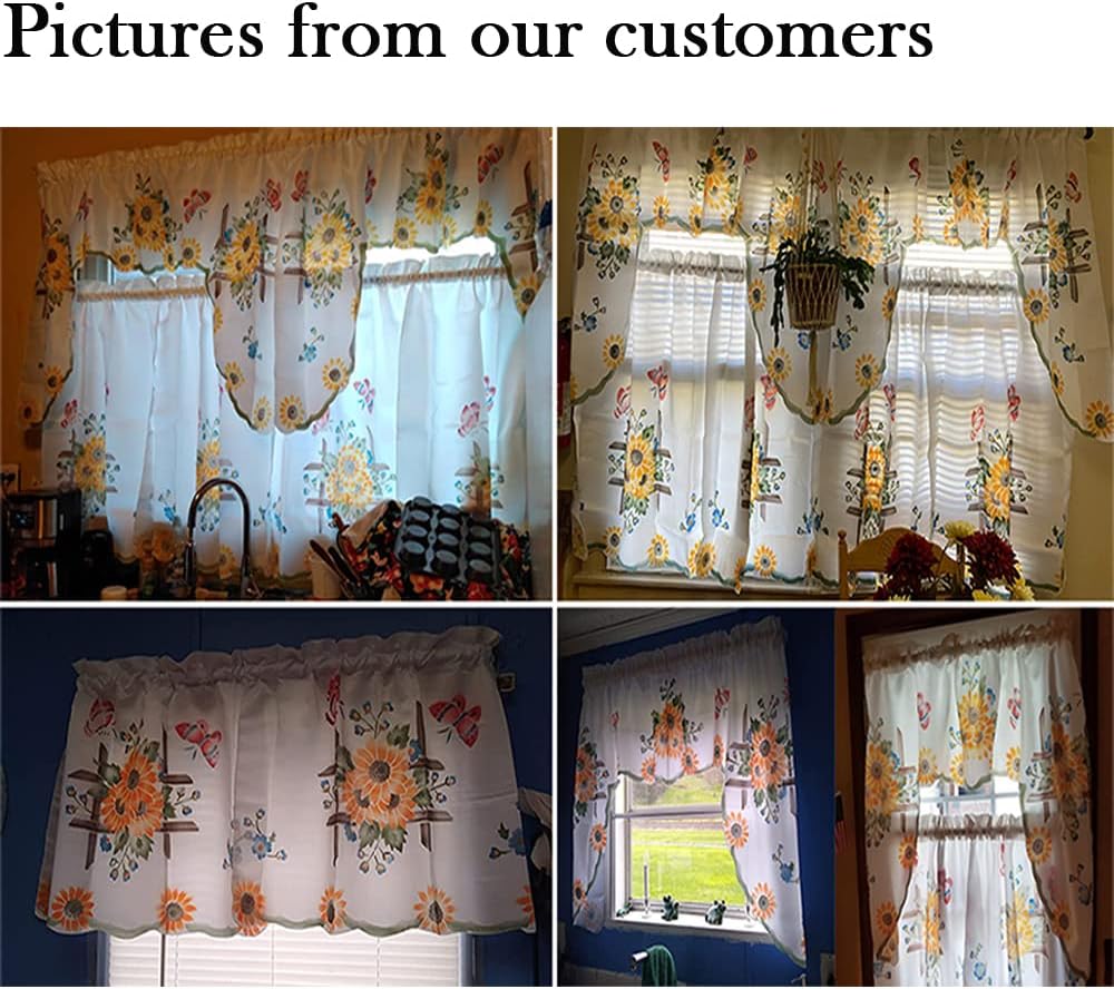 3pcs Farmhouse Kitchen Cafe Curtain Set Air Brushed by Hand of Sunflower and Butterfly Design on Thick Satin Fabric