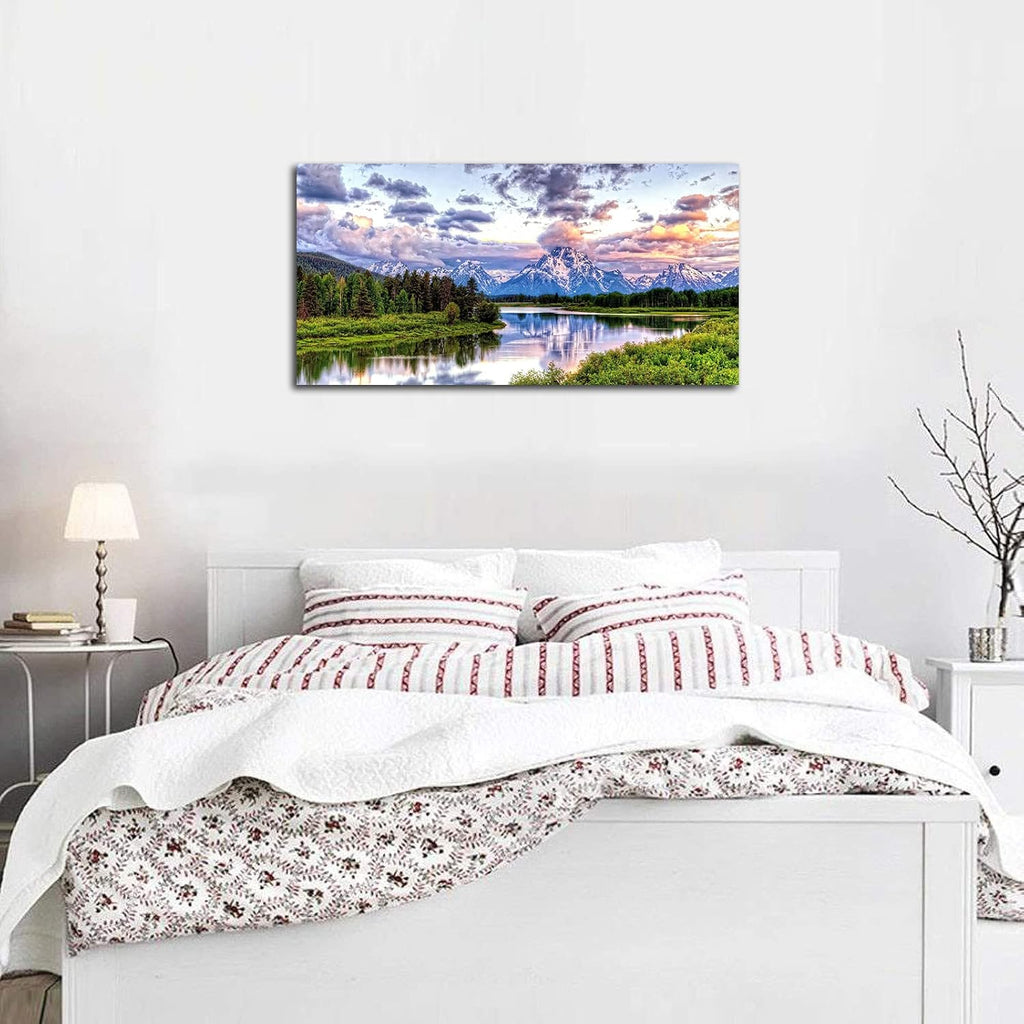 Landscape Canvas Wall Art Nature Picture Oxbow Bend Grand Teton National Park Modern Canvas Artwork River and Forest