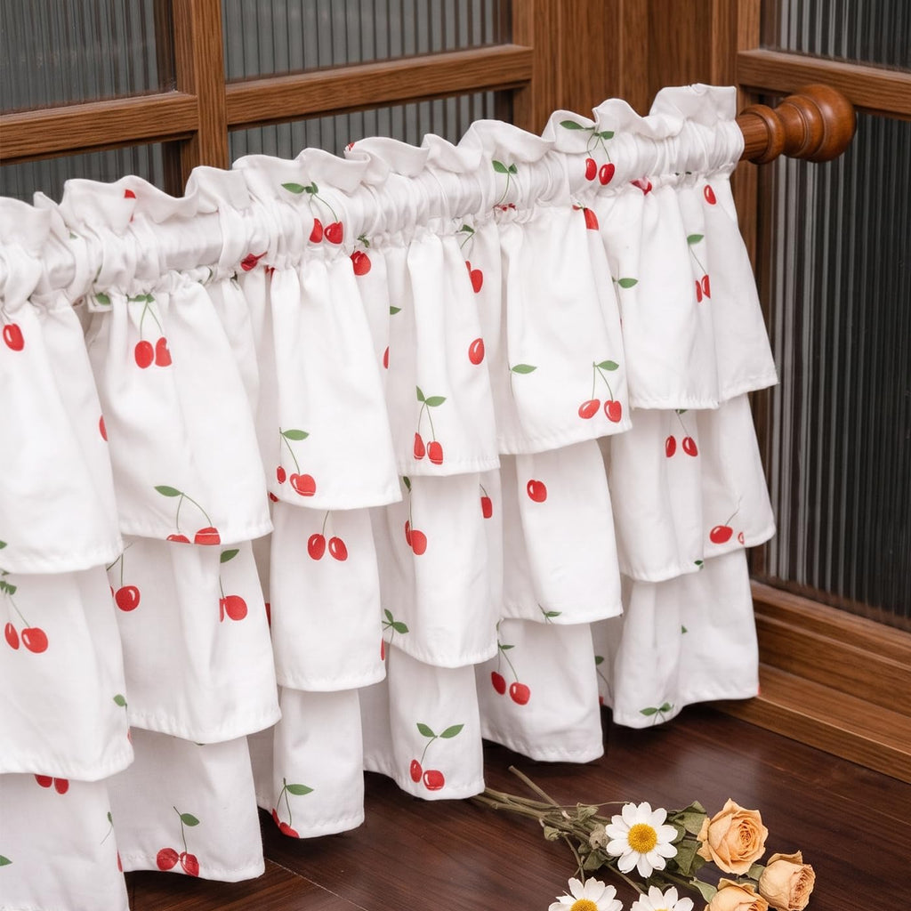 White Ruffled Valance for Small Window Red Cherry Print 52W x 18L 1PC