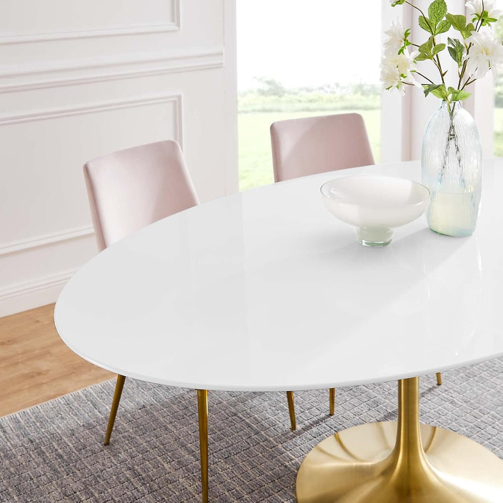 Inspired Saarinen Style Tulip Oval Pedestal Dining Table — Gold Base / White Top, 78″ Oval
