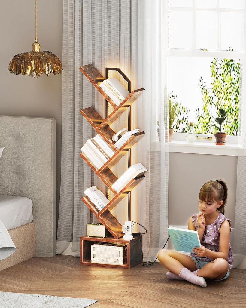 Tree Bookshelf with LED Lights, 6-Tier Narrow Bookcase for Small Spaces, Tall Steel & Wood Storage Shelf with Cabinet