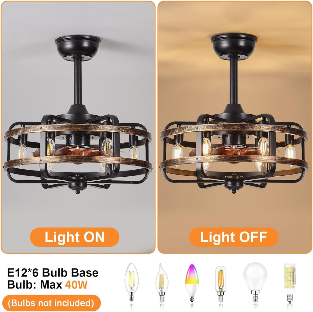 Caged Ceiling Fans with Lights Black Farmhouse 18‘’ Flush Mount Bladeless Rustic Chandeliers Fan Lights with Remote