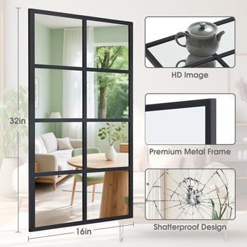 Wall Mirror 16" x 32", Set of 2 Rectangle Window Pane Decorative Mirrors, Metal Framed Wall Mounted Mirror