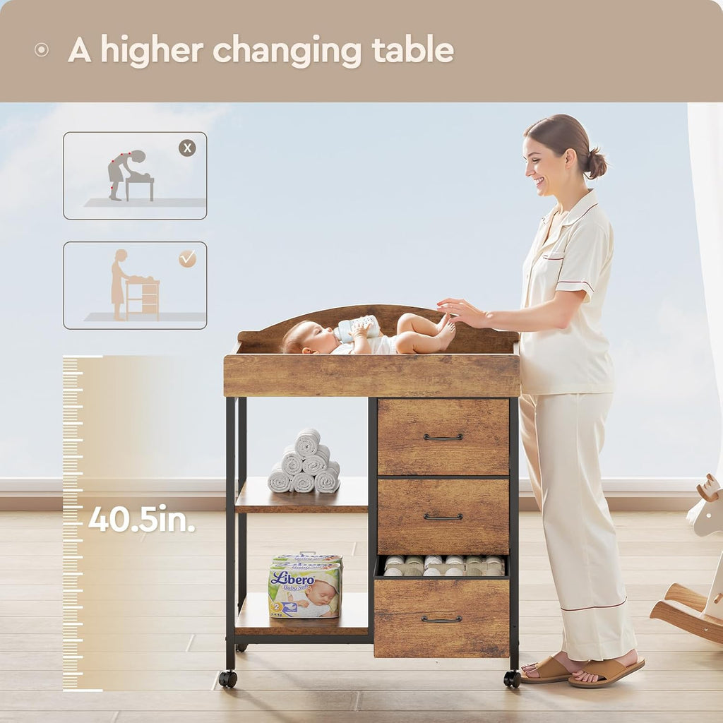 Changing Table, 3 Drawers&2 Shelves, Changing Table Dresser, Brown | Baby Changing Table,Waterproof Diaper pad &