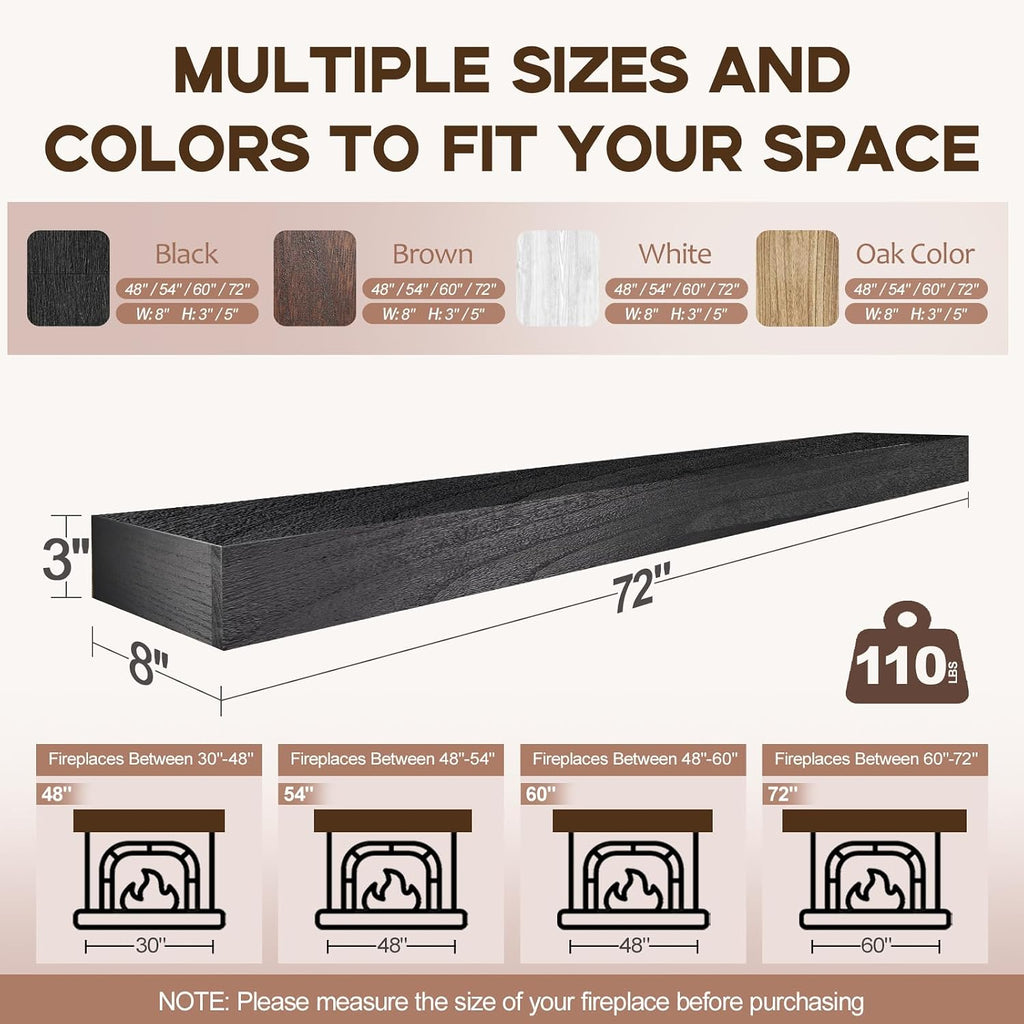 Shelf, 72×8×3 Inch Wooden Floating Shelf for Over Fireplace, Handcrafted Wood Mantels, Wall-Mounted Mantel Shelves