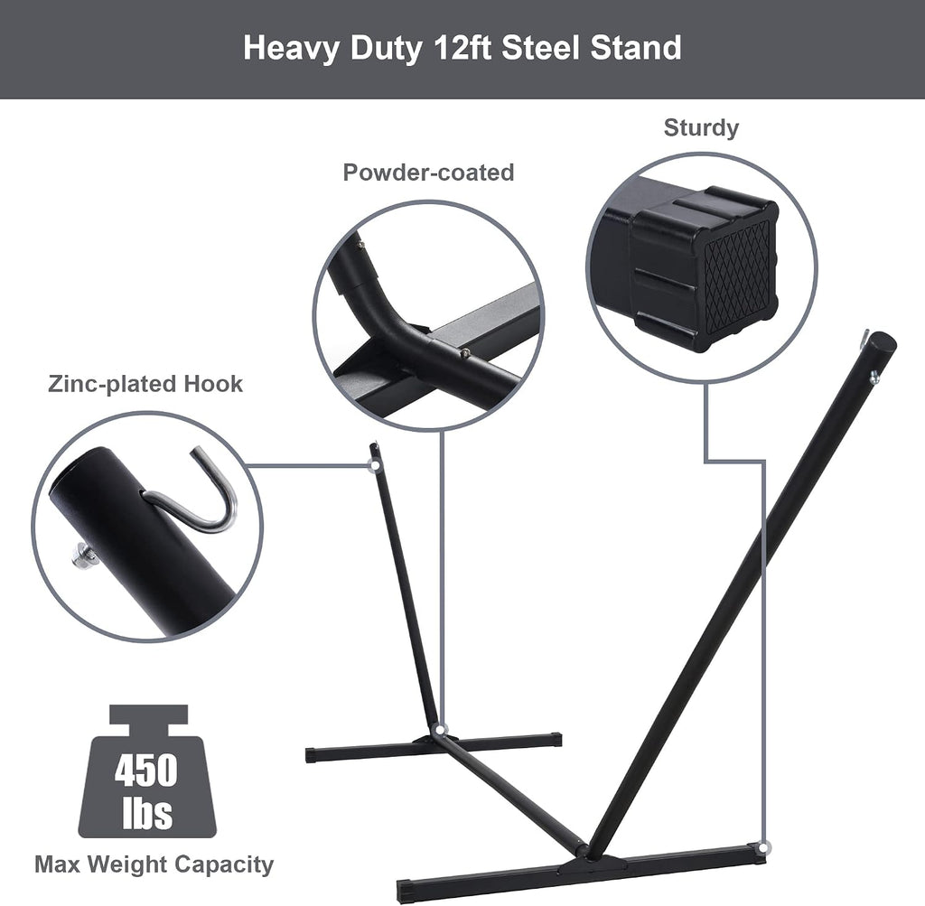 Heavy Duty Hammock with 12FT Stand, Double Hammock, Dark Gray | Large Hammock with Curved Spreader Bar, Pillow