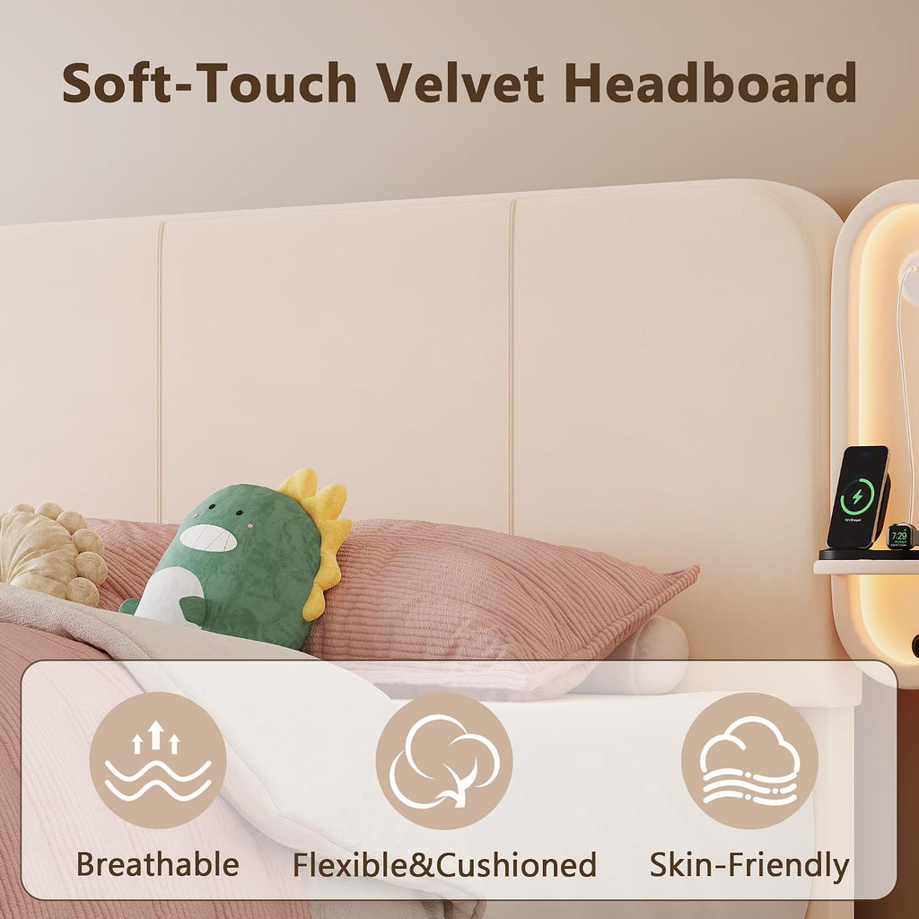 Twin Bed Frame with Storage Drawers and Side-Shelf Upholstered Headboard, Velvet Bed Frame with LED Lights, USB Port
