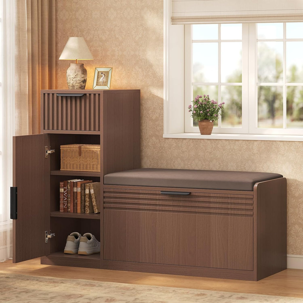 45.3" L-Shaped Storage Bench, Entryway Bench with Shoe Storage and Cushion, 3-Level Adjustable Shelves Flip Drawer &