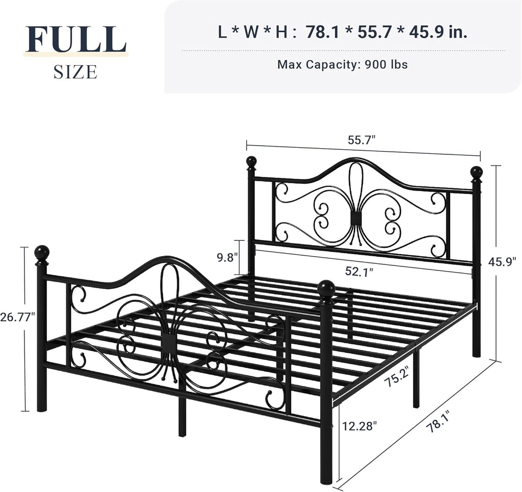 Full Bed Frame with Headboard,Metal Bed Frame with Butterfly Pattern Design Headboard & Footboard,No Box Spring