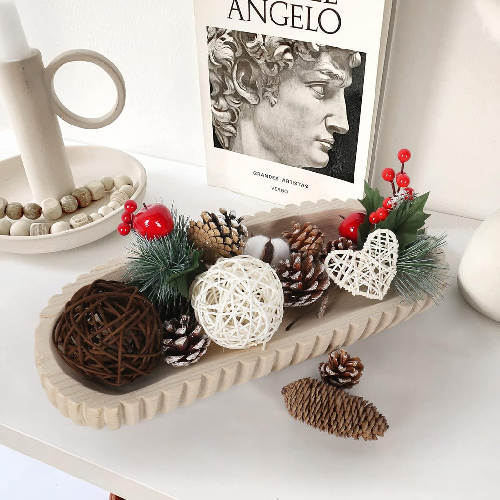 Decorative Dough Bowl Decor, 16" Hand-carved Wood Bowl | Rustic Table Centerpiece Tray with Vertical Stripes, Home