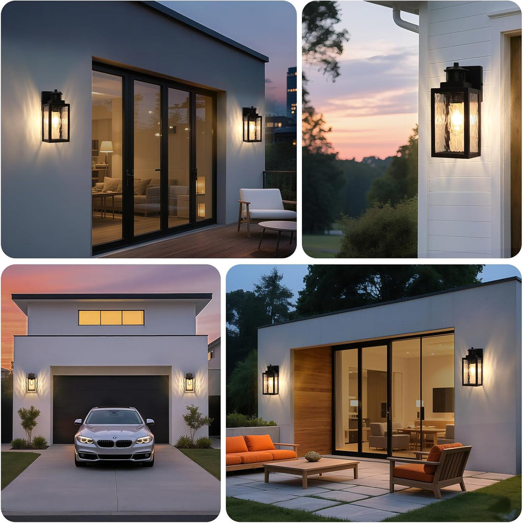 Motion Sensor Outdoor Lights Fixture, Dusk to Dawn Exterior Porch Light Wall Mount with Water-Rippled Glass