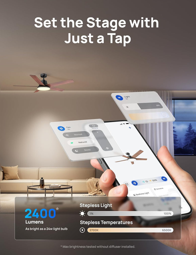 Smart Ceiling Fan with Lights, 52 Inch, 12 Speeds & 3 Fan Modes, Stepless, Dimmable LED Light, Timer