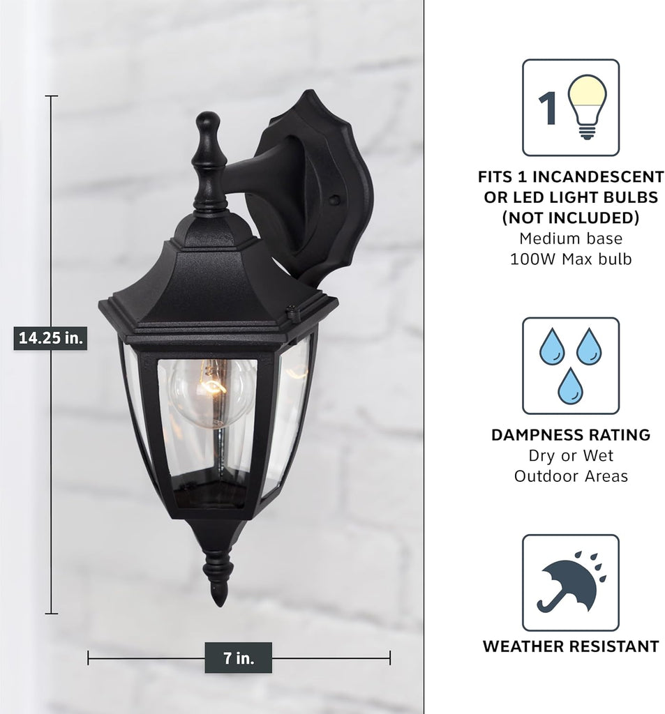 Waterbury Outdoor Light Fixture, 14.25 Inch Exterior Wall Lantern Sconce for Front Door, Patio and Porch, Black, 2461-BK