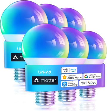 Matter Smart Light Bulb, WiFi Smart Bulbs, Work with Apple Home, Siri, Alexa, Google, SmartThings, , RGBTW Color (6 Pack)