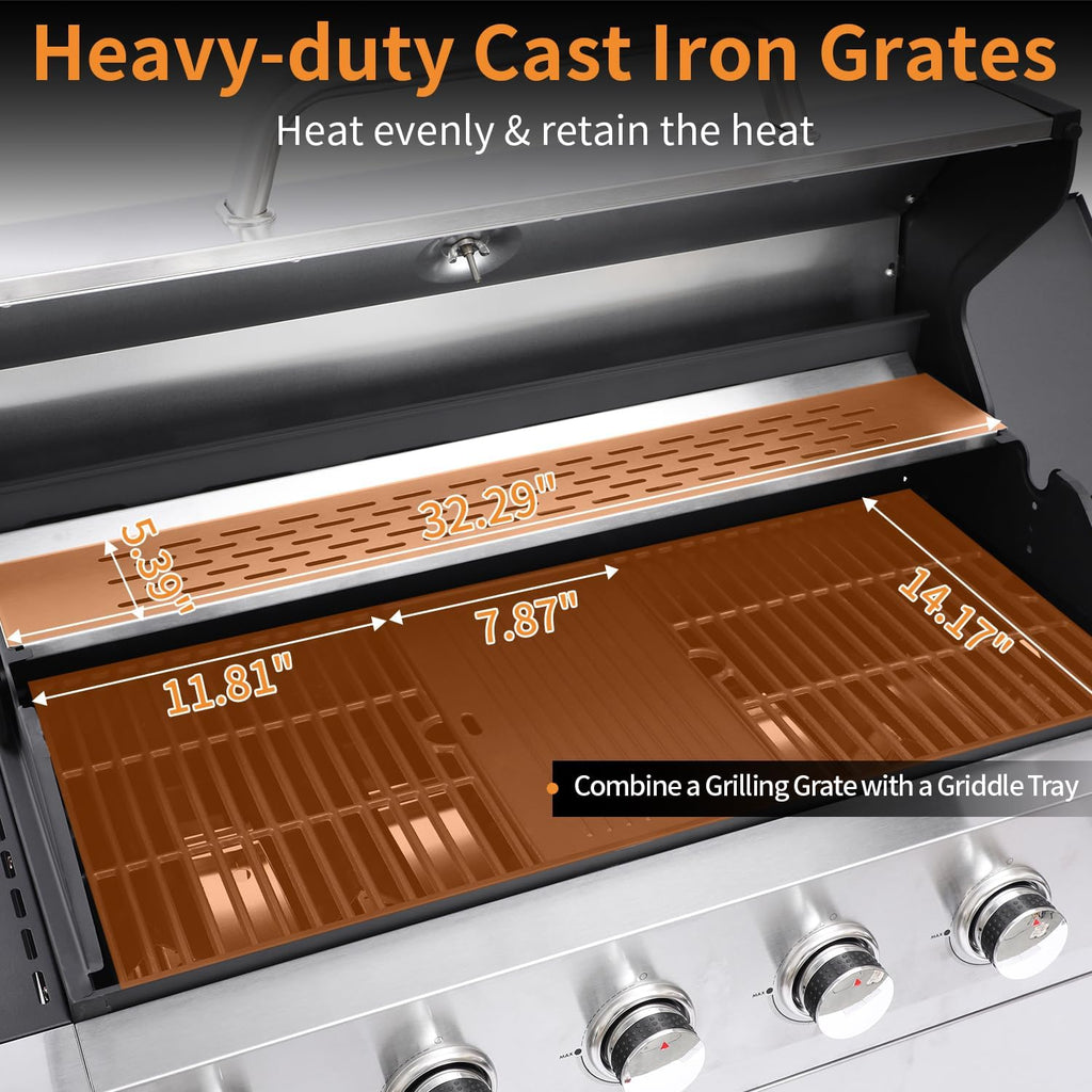 6-Burner Propane Gas Grill with Side Burner, 620 Sq. In. Cooking Area, Cast Iron Grates, Warming Rack and Storage Cabinet