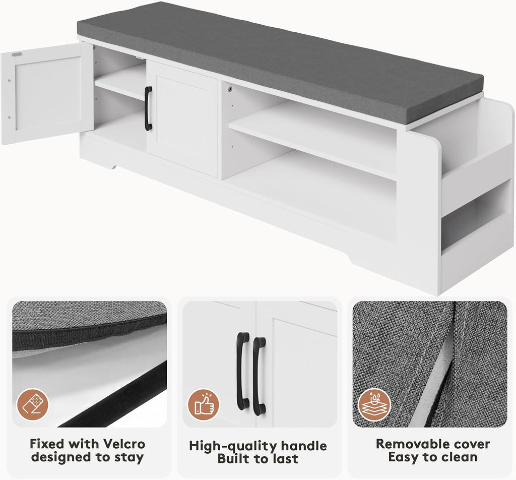 47.3" Shoe Storage Bench with Cushion, Entryway Shoe Cabinet, White | 3-in-1 Shoe Storage Bench, 47.3", Adjustable