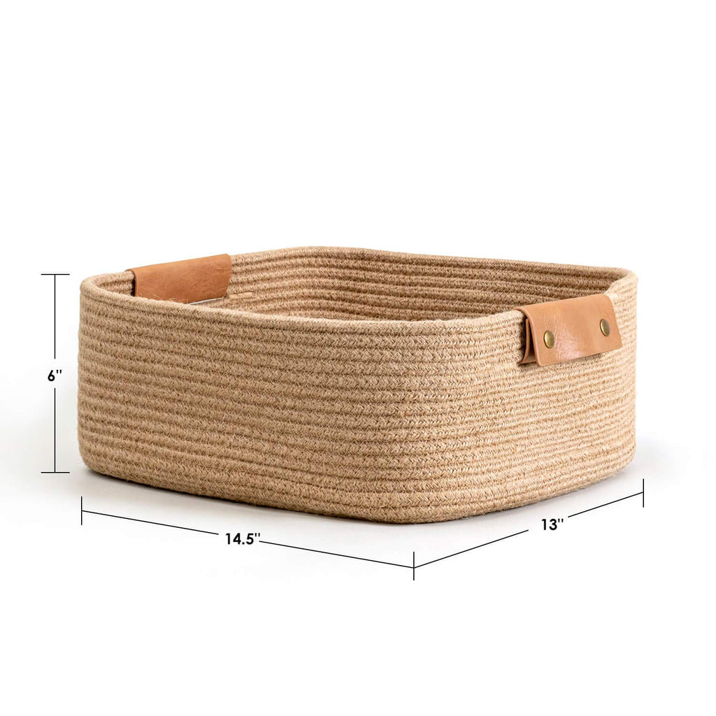 Large Woven Rope Gift Basket with Leather Handles, 20L, Jute