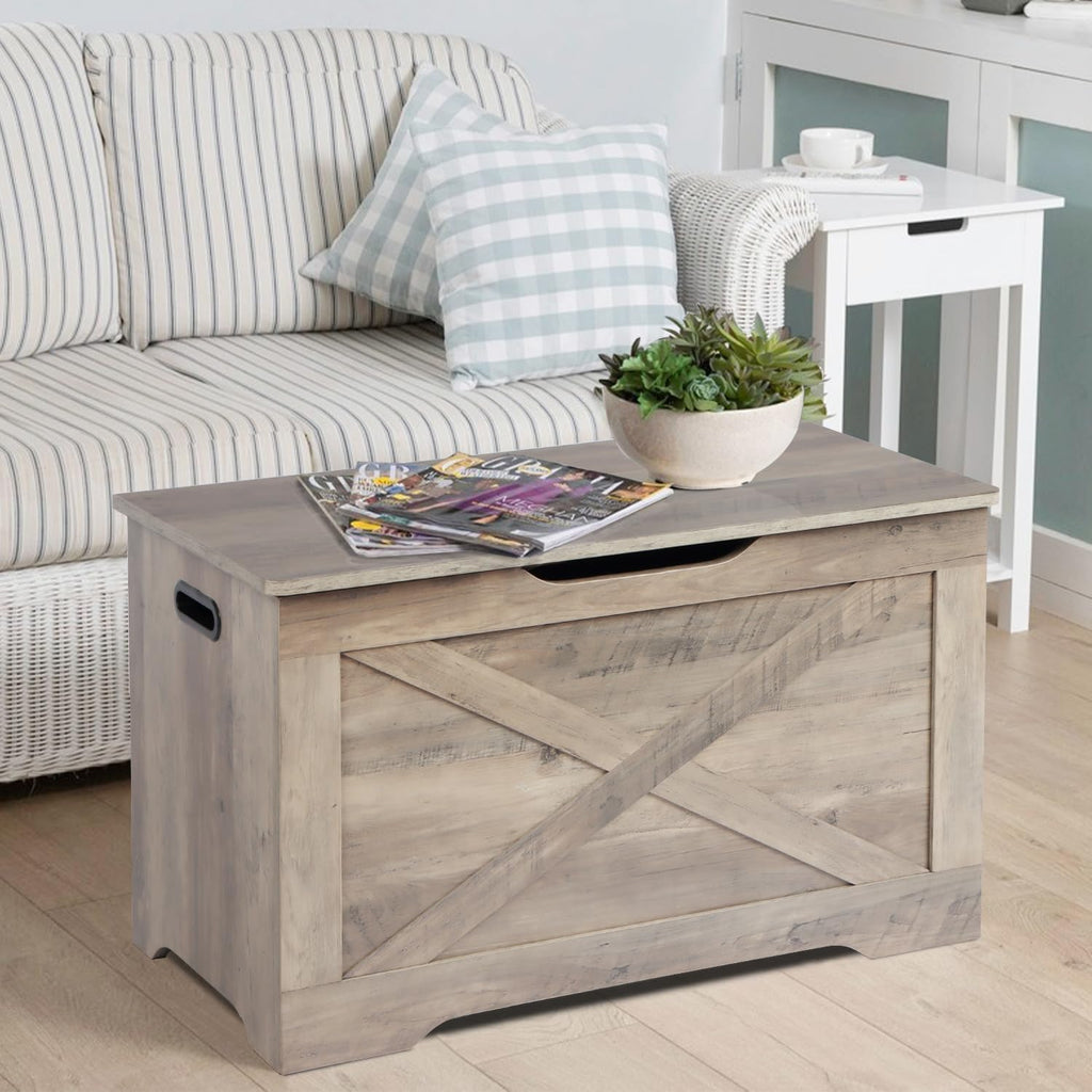 31.5" Storage Chest, Wooden Storage Bench, Entryway Shoes Bench | Storage Trunk with 2 Safety Hinges, 15.7 x 31.5 x
