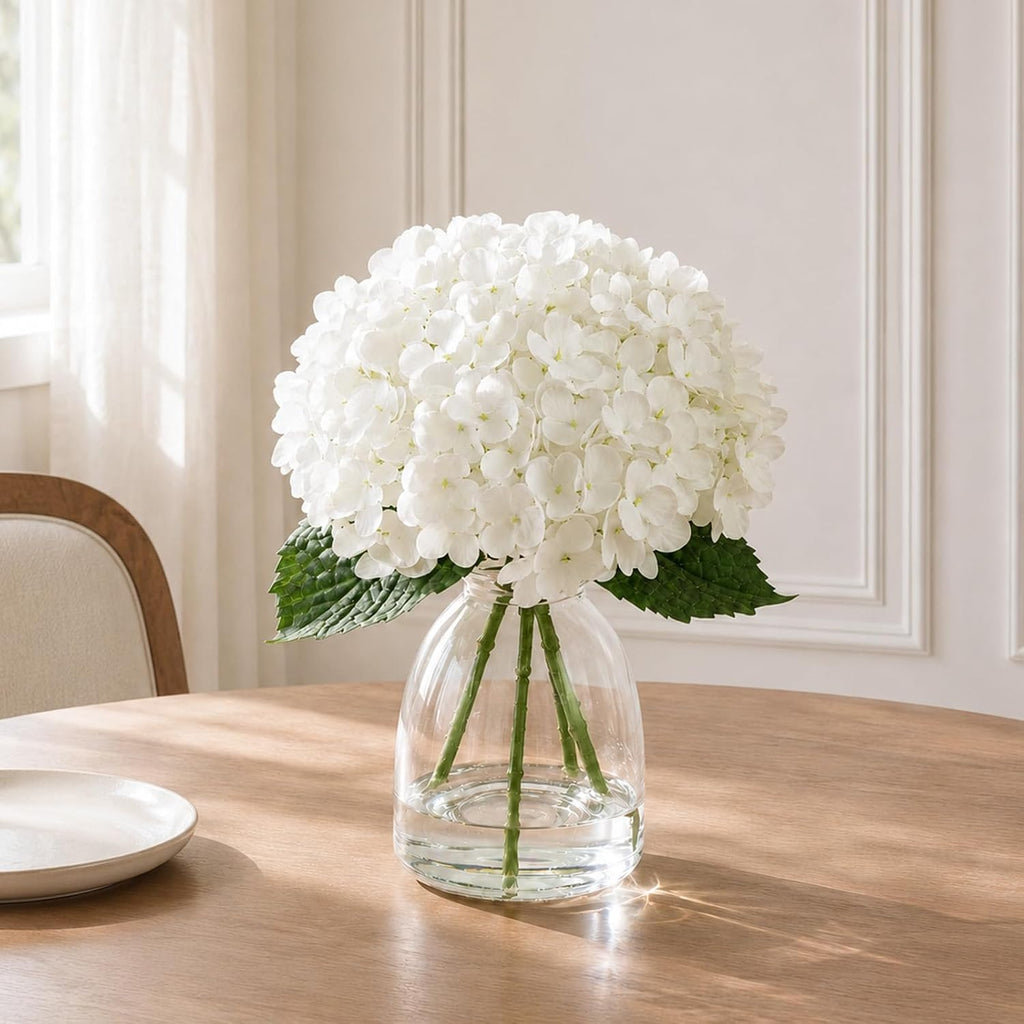 Hydrangea Artificial Flowers in Vase Fake Flowers Decor | White Real Touch Hydrangeas with Faux Water, Realistic Faux