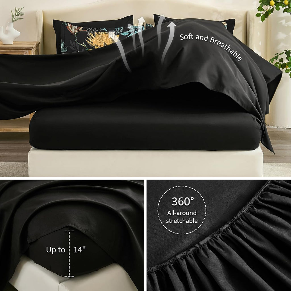 Comforter Set 7 Pieces Bedding Sets, Black Floral Comforter and Sheet Set