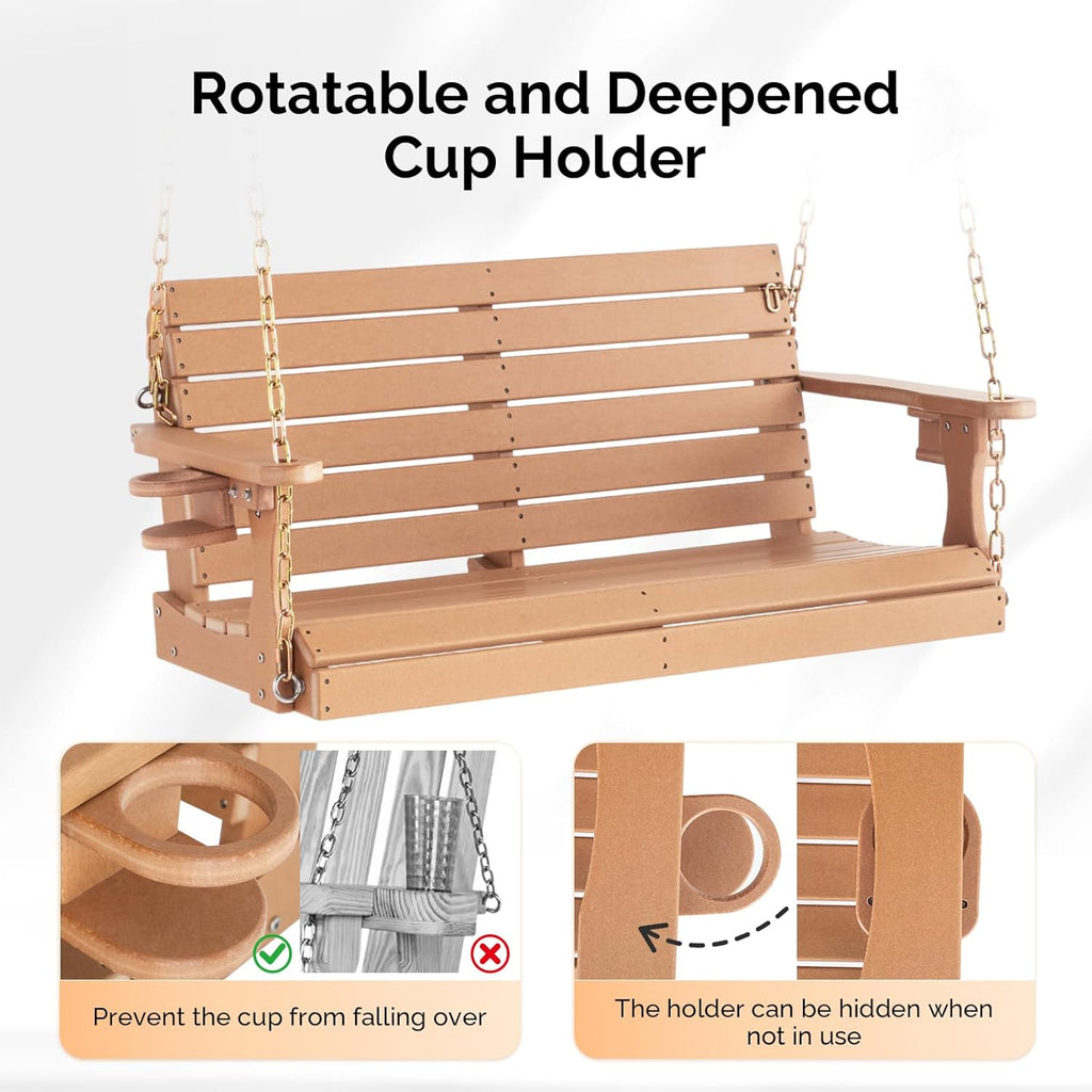 4 FT HDPE Porch Swing Outdoor with Rotatable Cup Holder, Teak | Recycled Plastic Porch Swing with Ergonomic Design