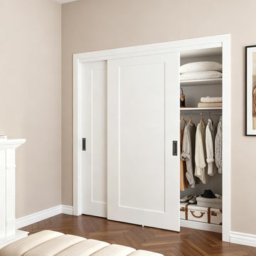 72x80 in 1-Panel Sliding Closet Door, White Primed Bypass Interior Door with Top Track & Floor Guide