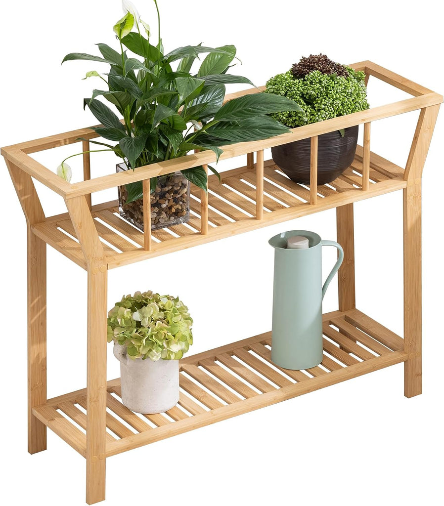 Bamboo Plant Stand Indoor 37.4"x11" 2 Tier Tall Organizer Shelf | Flower Pot Holder, Mid Century Modern Table