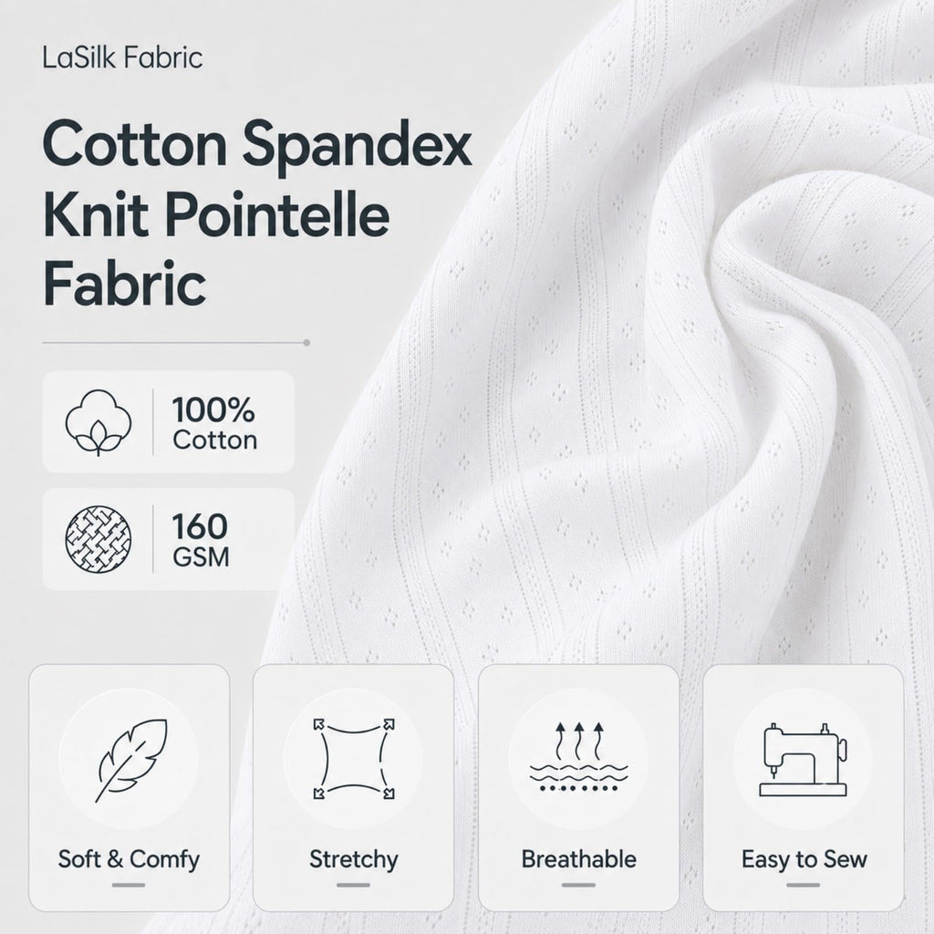 Pointelle Fabric by the Yard, 100% Cotton Eyelet Fabric, Soft Stretch Openwork Rib Knit Fabric for DIY Craft & Sewing