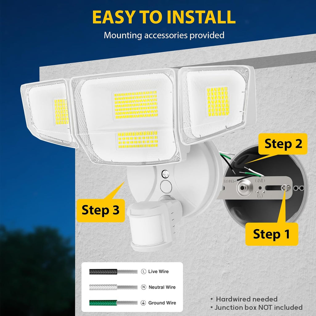 90W 10000LM LED Security Lights Motion Sensor Outdoor Lights, 4 Head Dusk to Dawn, 6500K Daylight Flood Lights