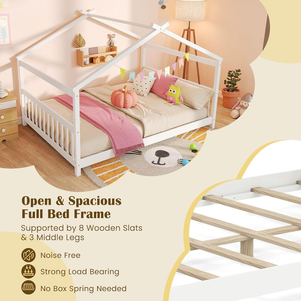 Full Size Floor Bed, Solid Wood Montessori House Bed with Roof, Headboard and Footboard, Low Full Bed Frame for Kids
