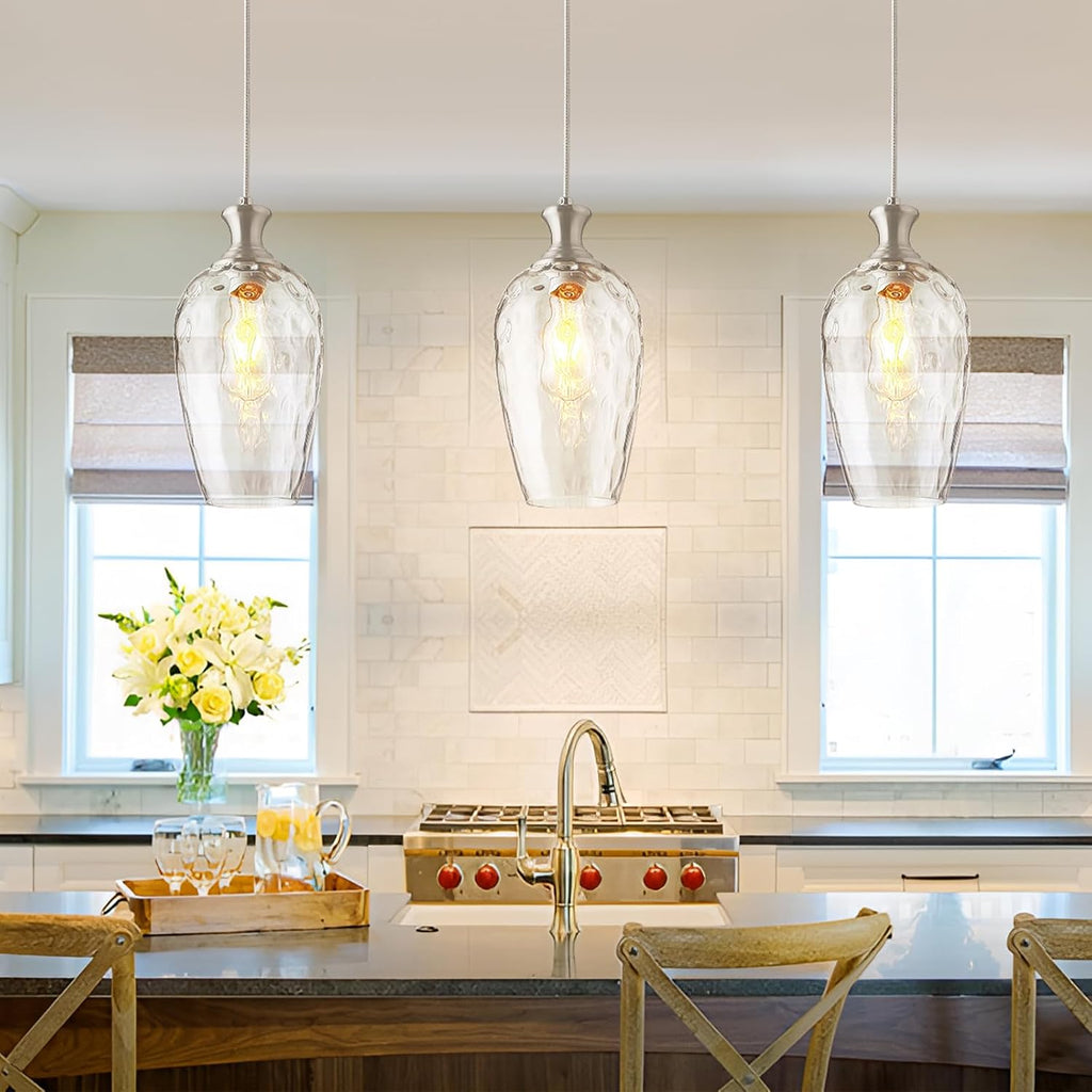 Glass Pendant Lights Kitchen Island 2 Pack, Brushed Nickel Pendant Light Fixtures with Hand-Blown Clear Glass, Modern