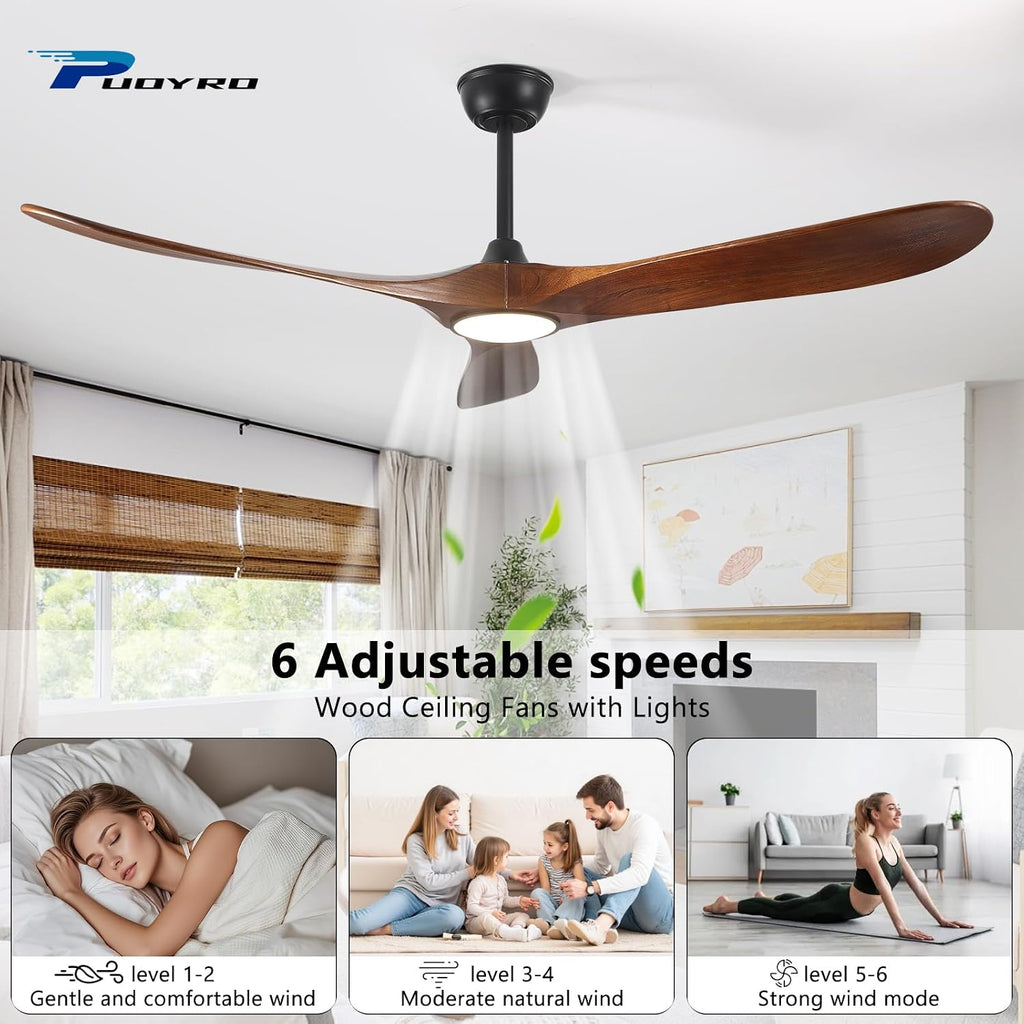 52" Ceiling Fan with Light and Remote, 6-Speed Dimmable Outdoor Ceiling Fan, High CFM Quiet 3 Blade Wood Ceiling Fan