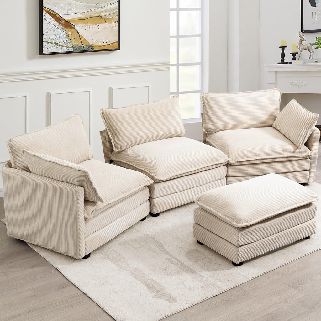Oversized Modular Sectional Sofa with Movable Ottoman, 112 Inch 4 Seat Modern Corduroy Sofa Set