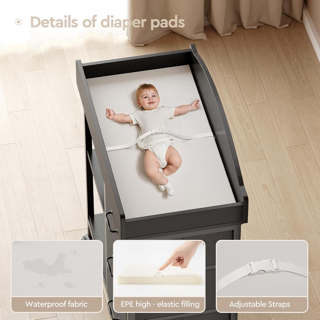 Changing Table, 3 Drawers&2 Shelves, Changing Table Dresser, Black | Baby Changing Table,Waterproof Diaper pad &