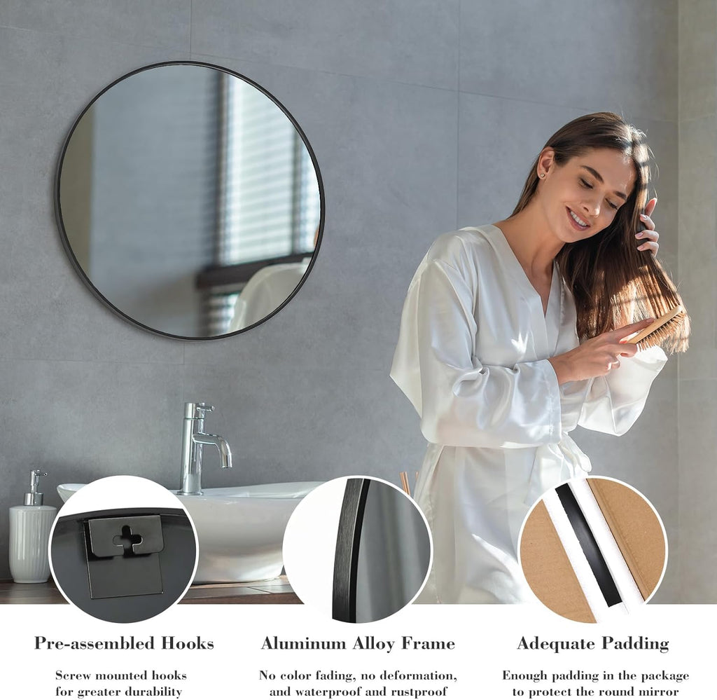 24 Inch Round Wall Mirror with Tempered Glass, Bathroom Mirror Over Sink, Anti-Fog & Waterproof Round Mirror