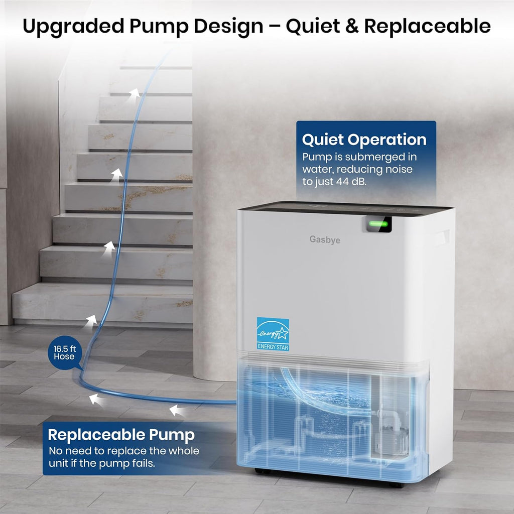 Energy Star 2026 Dehumidifier with [𝗥𝗲𝗽𝗹𝗮𝗰𝗲𝗮𝗯𝗹𝗲 Pump] for Basement - [44dB Quiet, Easy to Clean & Clog